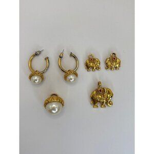 Avon Vintage Gold Tone Pearl and Elephant Pendant and Earrings Charm
